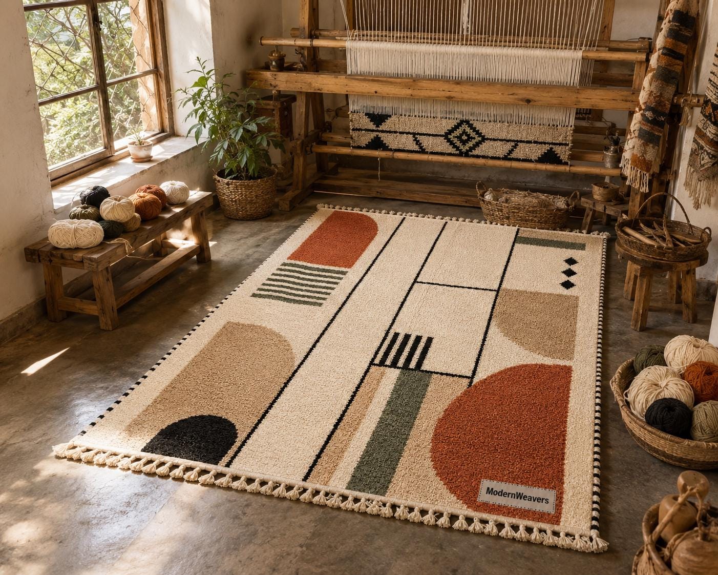 Bauhaus Geometric Moroccan Rug | Terracotta Sage Wool Carpet | Mid Century Modern Area Rug