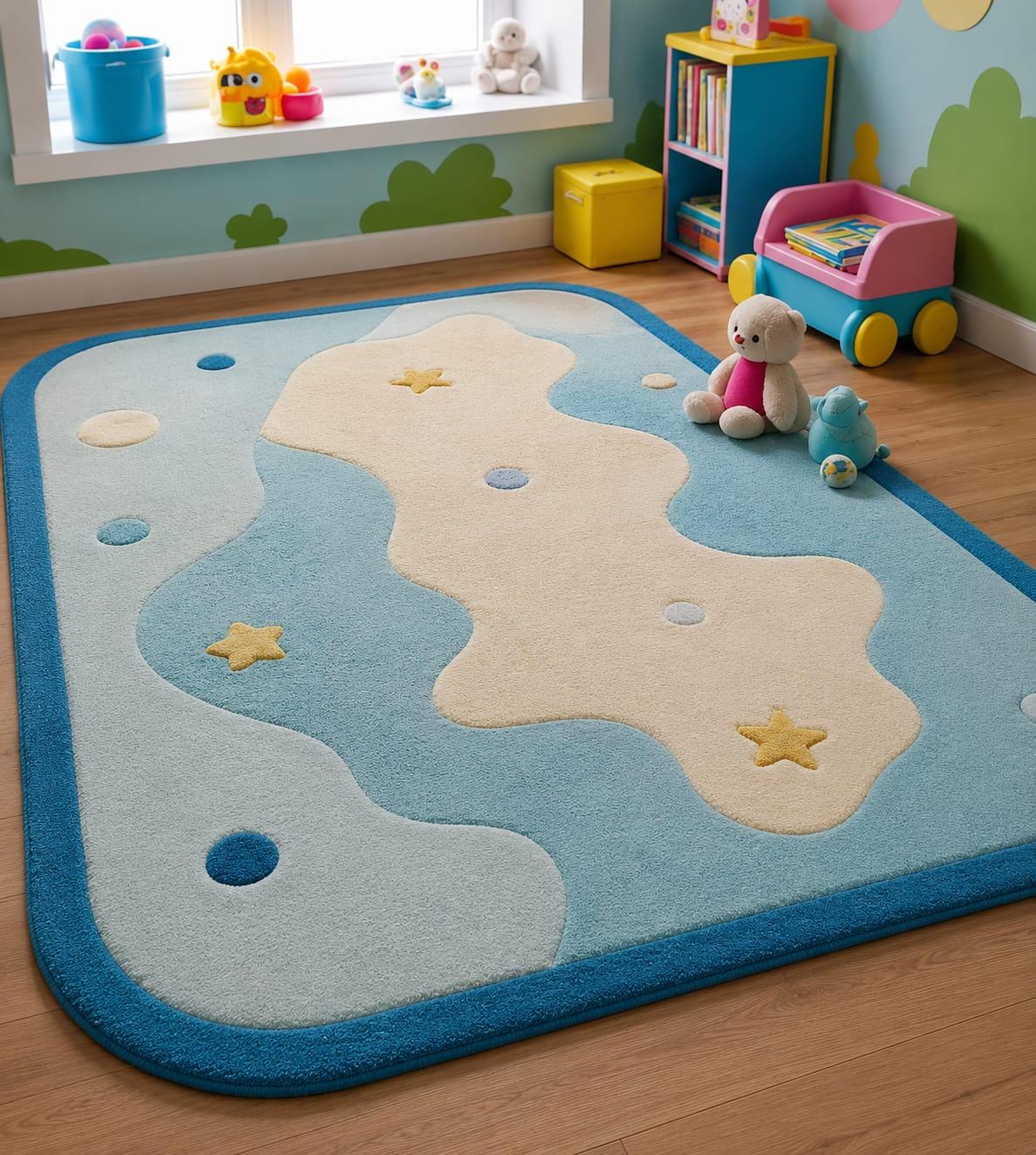 Hand Tufted Cloud Stars Nursery Rug | Pastel Blue Playroom Carpet, Kids Floor Art