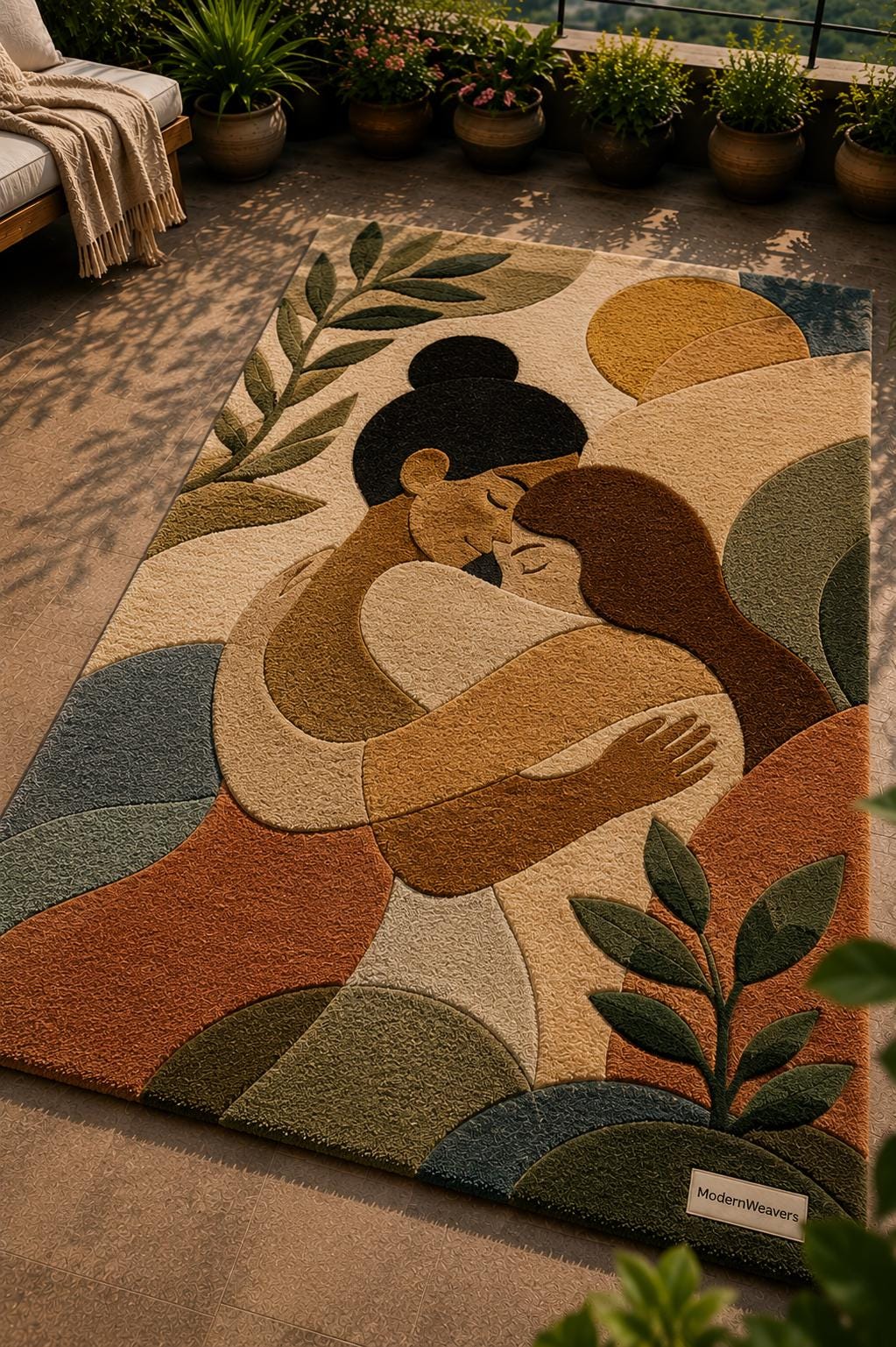 3D Carved Embrace Tufted Rug | Abstract Women Silhouette Carpet | Romantic Boho Floor Art | Earth Tone Botanical Decor | Wabi Sabi Rug