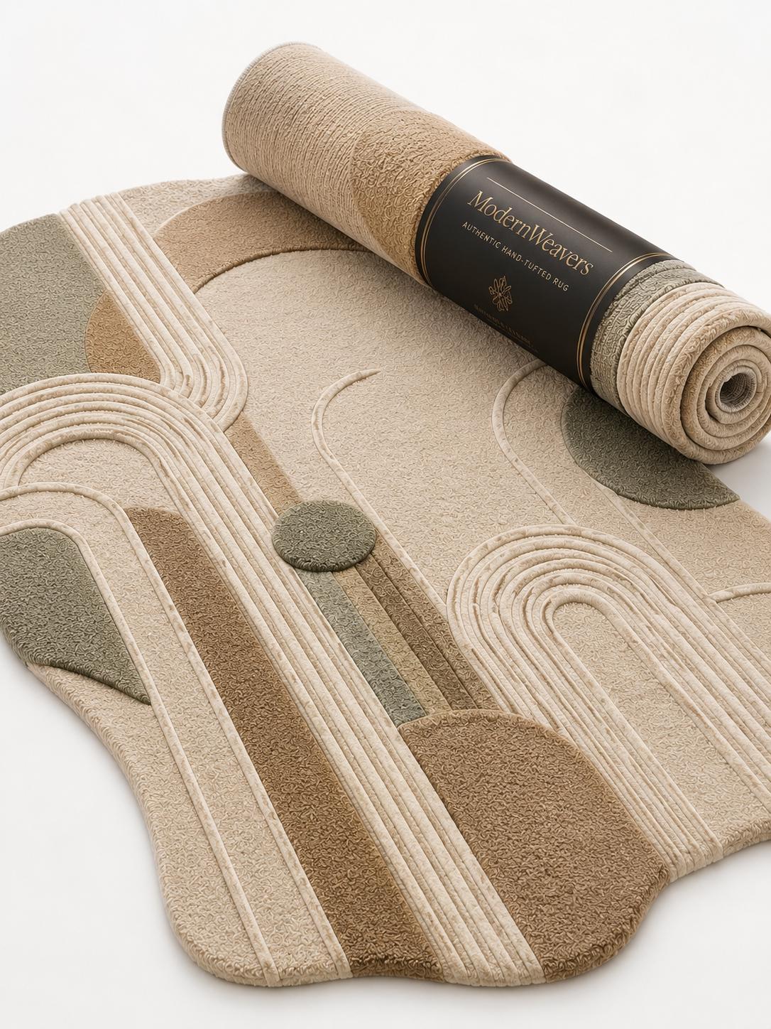 Modern Abstract Hand Tufted Rug | Neutral Geometric Arch Area Rug | Boho Earth Tone 3D Textured Carpet | Wavy Minimalist Room Decor