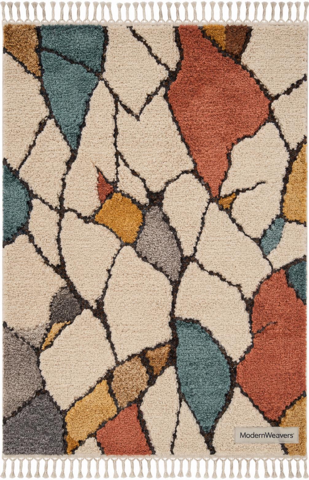 Abstract Moroccan Hand-Knotted Wool Rug | Stained-Glass Boho Carpet, Teal Rust Mustard
