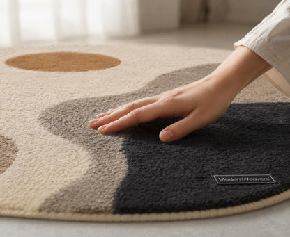 Abstract Irregular Shape Tufted Rug | Wabi Sabi Organic Edge Carpet | Neutral Earth Tone Floor Art | Boho Geometric Sun & Botanical Decor