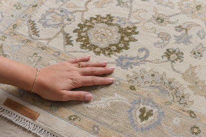 Elegant Hand-Knotted Ivory Area Rug | Soft Floral Vine Motif in Sage Green & Muted Blue | Premium Carpet for Living Room or Bedroom