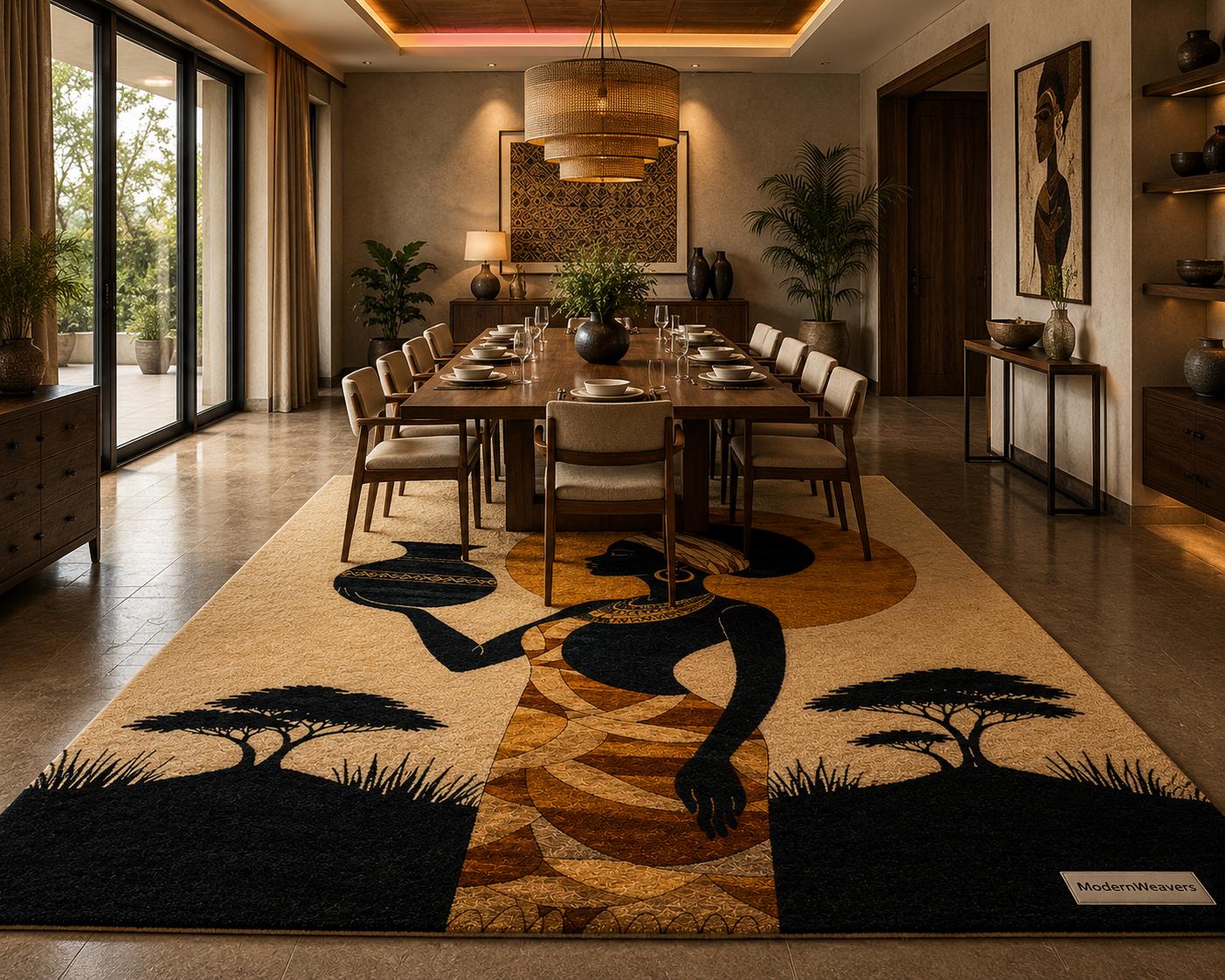 Afrocentric Silhouette Rug | Hand-Tufted African Sunset Floor Art, Boho Decor