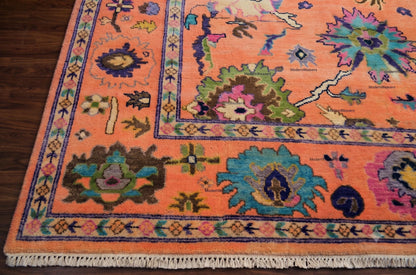 Hand-Knotted Wool Rug – Oushak Style Orange Floral Carpet, Artisan Area Rug