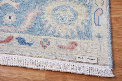Hand-Knotted Oushak Style Rug | Pastel Blue Floral Wool Carpet 9'x12'