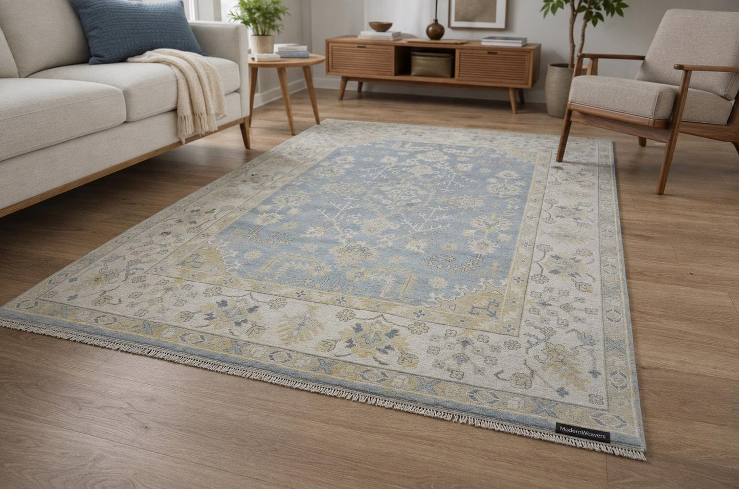 Hand-Knotted Wool Rug | Slate Blue Ivory Oushak Style Area Carpet (9x12)