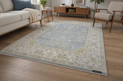 Hand-Knotted Wool Rug | Slate Blue Ivory Oushak Style Area Carpet (9x12)