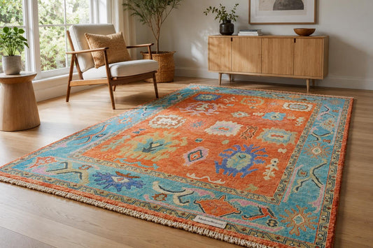 Hand Knotted Wool Rug | Pastel Oushak Rug | Handmade Turkish Style Area Rug | Peach Blue Vintage Inspired Carpet | Living Room Bedroom Room