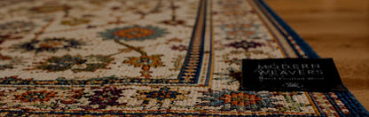 Exquisite Hand-Knotted Wool Area Rug | Cream, Blue & Rust Floral Lattice | Traditional "Modern Weavers" Carpet