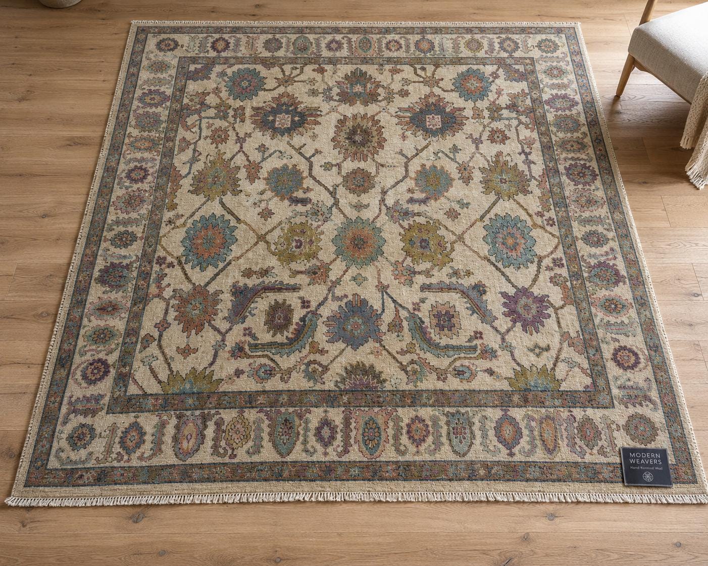 Exquisite Hand-Knotted Wool Area Rug | Cream, Blue & Rust Floral Lattice | Traditional "Modern Weavers" Carpet