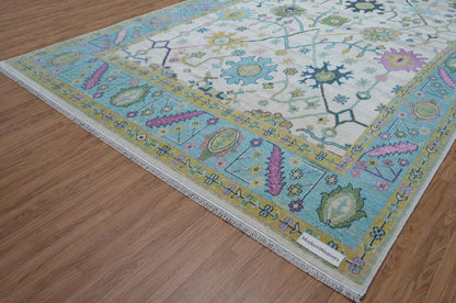 Hand-Knotted Oushak Rug | Pastel Floral Wool Area Rug | Cream, Light Blue, and Pink Transitional Rug | Large Living Room Rug