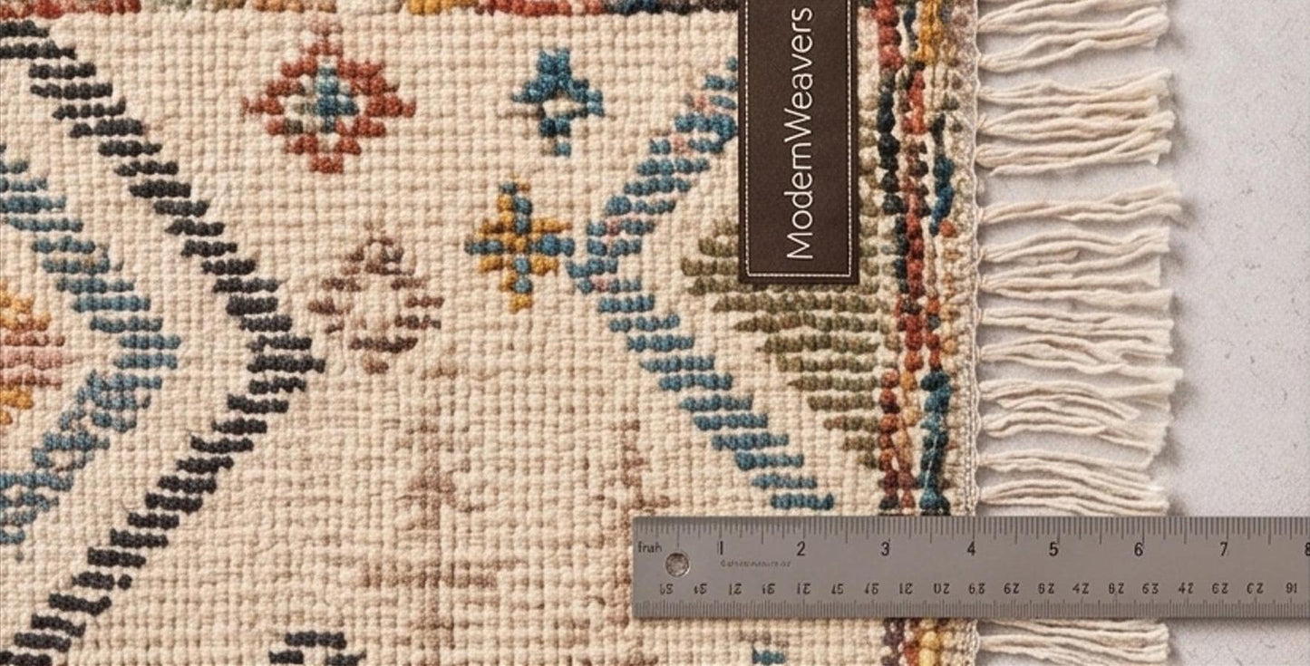 Boho Moroccan Geometric Area Rug | Plush Cream & Colorful Diamond Area Rug | Handwoven Shag Carpet by ModernWeavers | Custom Sizes