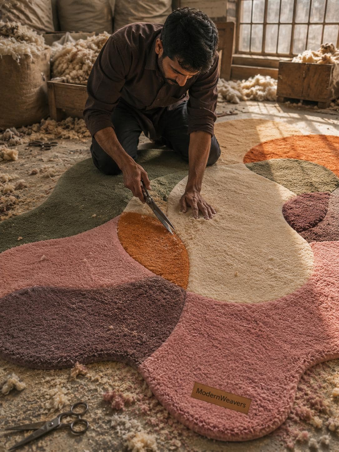 Abstract Organic Shape Tufted Rug | Wavy Edge Boho Carpet, Muted Earth Tones