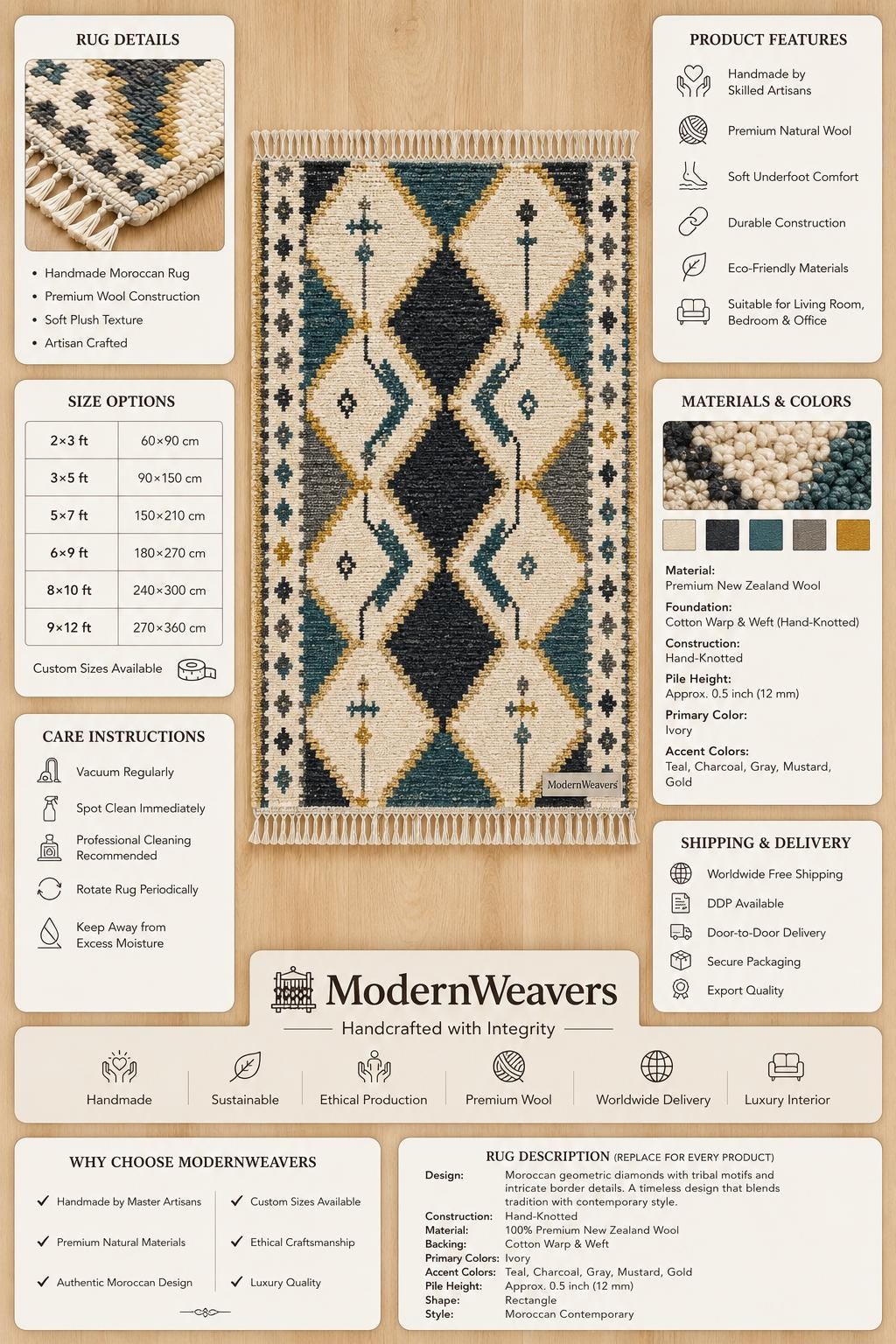 Hand Knotted Moroccan Rug | Teal Blue Mustard Diamond Tribal Carpet