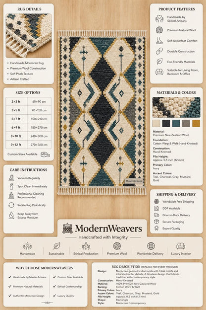 Hand Knotted Moroccan Rug | Teal Blue Mustard Diamond Tribal Carpet