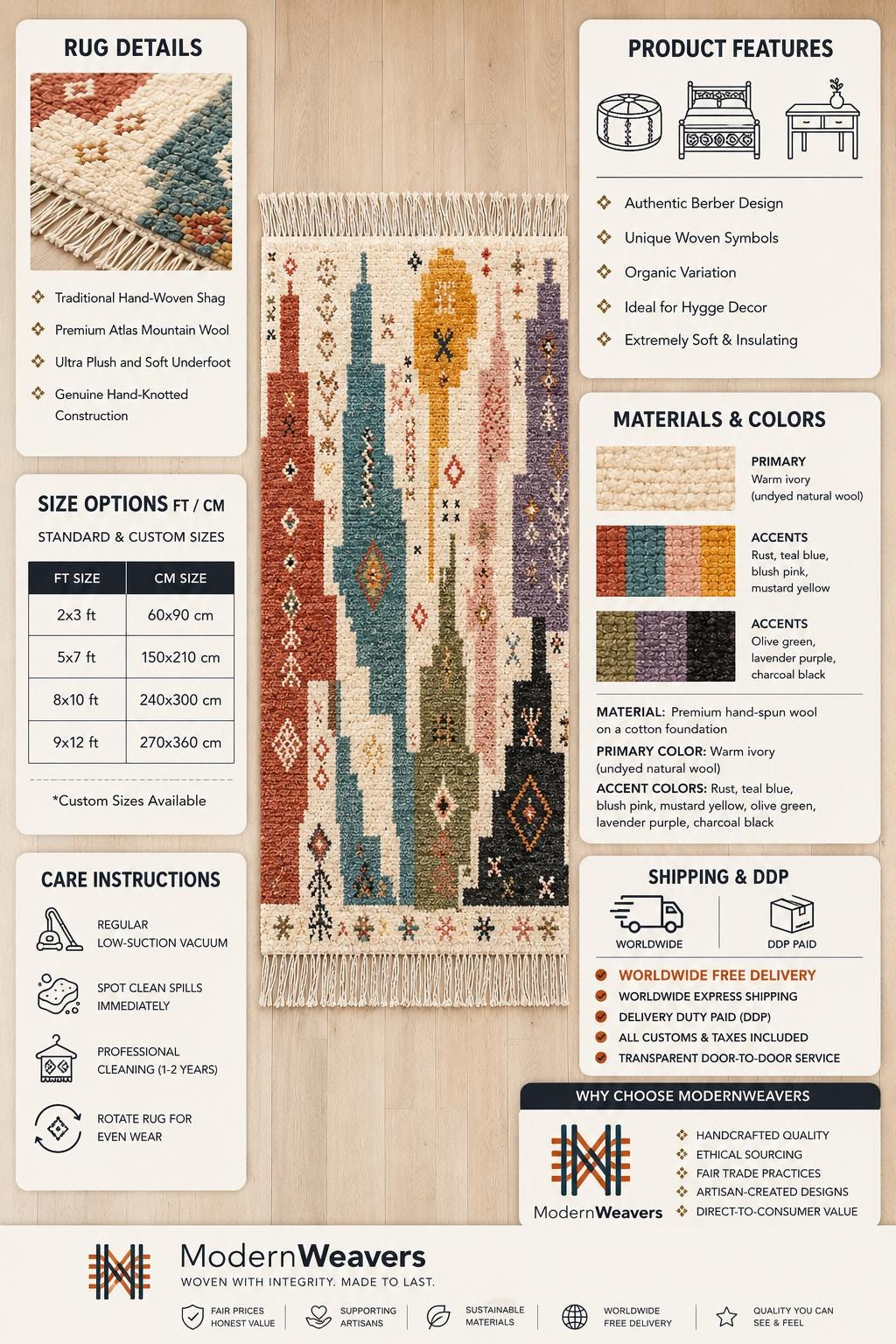 Plush Geometric Boho Rug | Handwoven Tribal Carpet, Modern Eclectic Living Room Decor