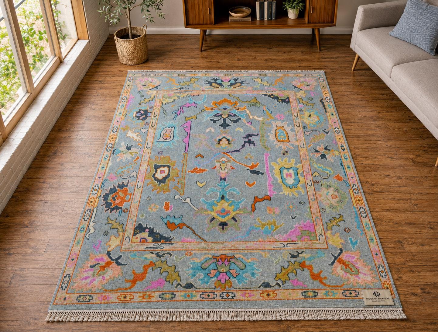 Stunning Light Blue & Vibrant Multicolor Hand-Knotted Rug | Boho Chic Geometric Floral Area Rug | Transitional Modern Oushak Style Carpet