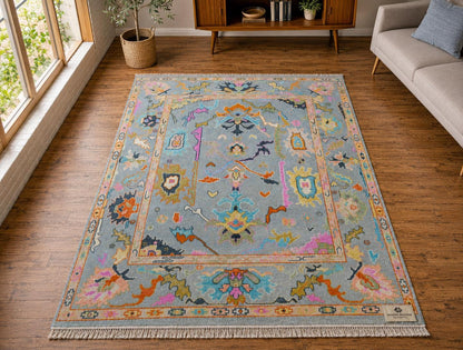 Stunning Light Blue & Vibrant Multicolor Hand-Knotted Rug | Boho Chic Geometric Floral Area Rug | Transitional Modern Oushak Style Carpet