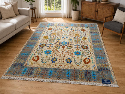 Hand Knotted Wool Area Rug | Cream & Slate Blue Oushak Style Floral Rug | Traditional Vintage Inspired Carpet for Living Room, Bedroom |