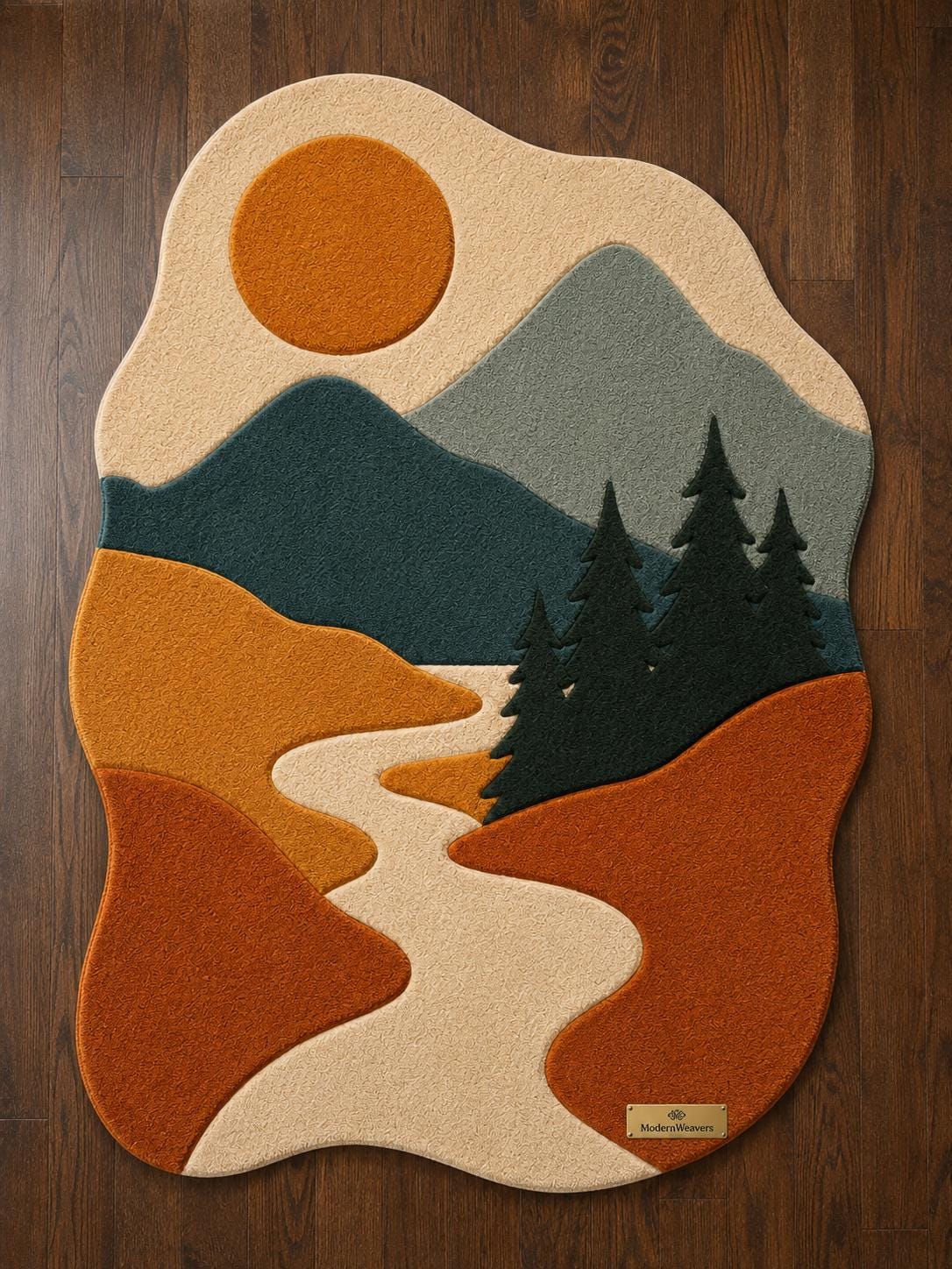 Mountain Landscape Hand Tufted Rug | Nature Inspired Boho Area Rug | Forest & River 3D Textured Carpet | Earth Tone Modern Nursery Decor