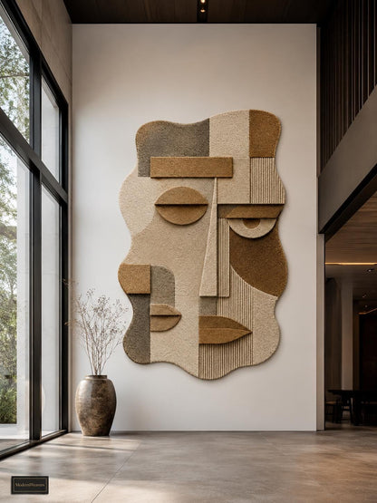 Abstract Face Hand Tufted Rug | Cubist Portrait Area Carpet | Modern Minimalist Geometric Art | Textured Neutral Statement Floor Decor