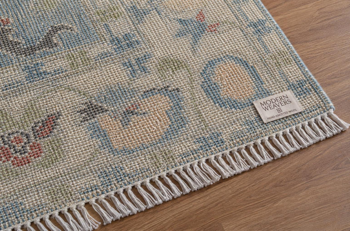 ModernWeavers Hand-Knotted Wool Rug | Dusty Blue & Beige Oushak Style Area Rug | Transitional Geometric Floral Pattern | Artisan Home Decor