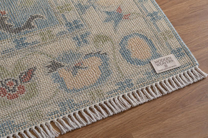 ModernWeavers Hand-Knotted Wool Rug | Dusty Blue & Beige Oushak Style Area Rug | Transitional Geometric Floral Pattern | Artisan Home Decor