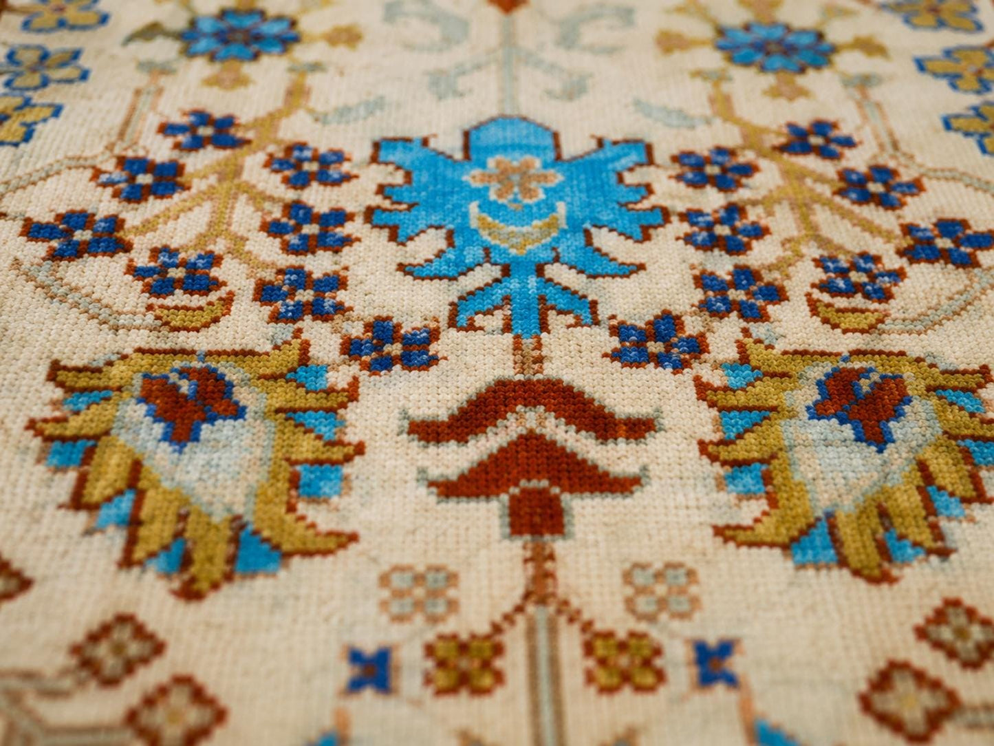 Hand Knotted Wool Area Rug | Cream & Slate Blue Oushak Style Floral Rug | Traditional Vintage Inspired Carpet for Living Room, Bedroom |