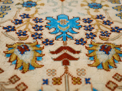 Hand Knotted Wool Area Rug | Cream & Slate Blue Oushak Style Floral Rug | Traditional Vintage Inspired Carpet for Living Room, Bedroom |