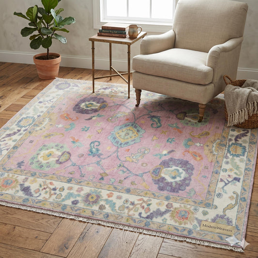 Hand-Knotted Pastel Pink Wool Area Rug | Traditional Medallion Carpet, Vintage Style Decor