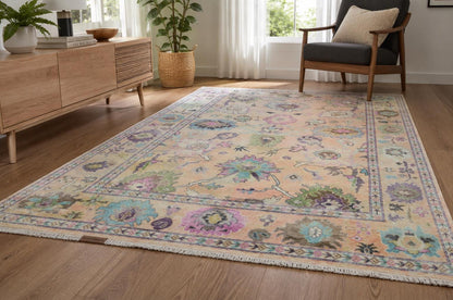 Pastel Peach Hand Knotted Rug | Large Floral Turkish Oushak Carpet | Muted Lavender and Green Accent Rug | Wool Area Rug