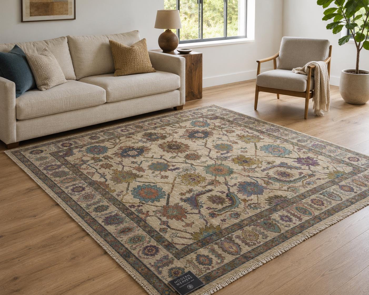 Exquisite Hand-Knotted Wool Area Rug | Cream, Blue & Rust Floral Lattice | Traditional "Modern Weavers" Carpet