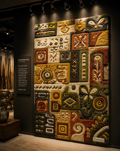 3D Carved Patchwork Rug | Earth Tone Folk Art Tufted Carpet | Boho Geometric Floor Art
