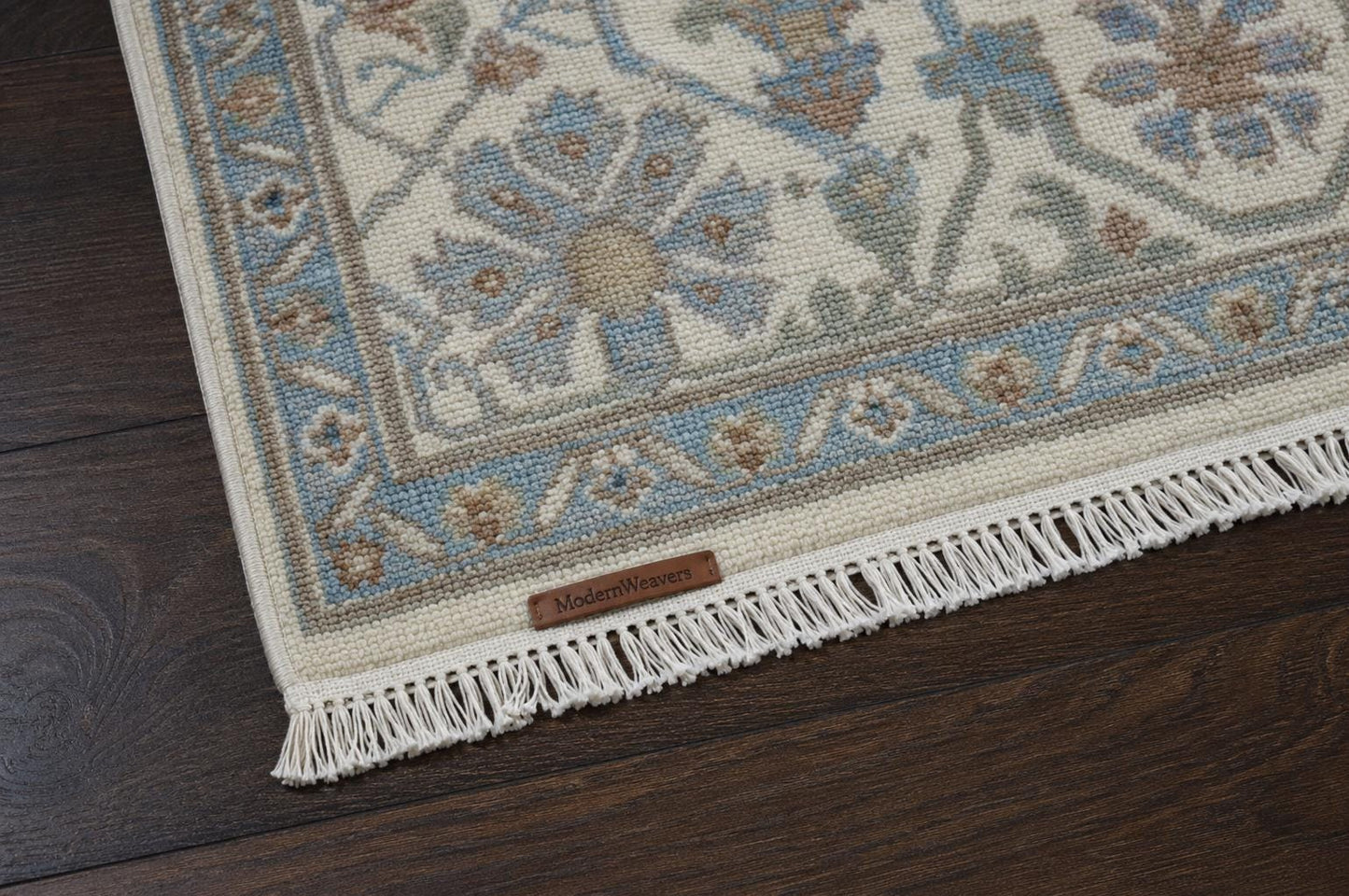 Hand-Knotted Oushak Area Rug | Cream, Light Blue, and Taupe Geometric Pattern | ModernWeavers Wool Carpet for Living Room or Bedroom