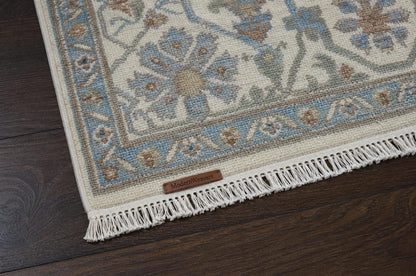 Hand-Knotted Oushak Area Rug | Cream, Light Blue, and Taupe Geometric Pattern | ModernWeavers Wool Carpet for Living Room or Bedroom
