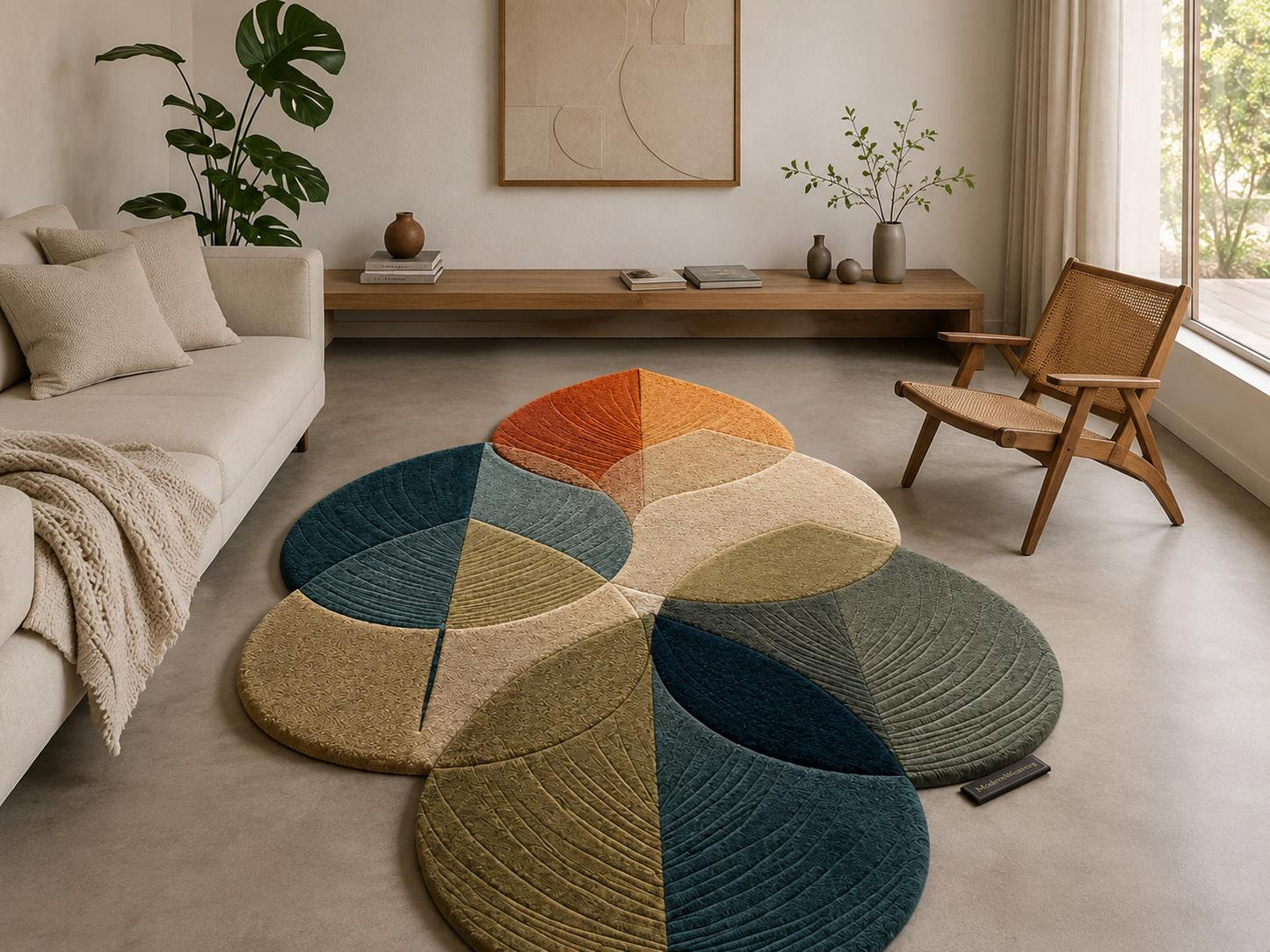 Botanical Leaf Cluster Hand Tufted Rug | Earth Tone Boho Area Rug | Teal & Rust Irregular Shaped Carpet | 3D Textured Nature Room Decor