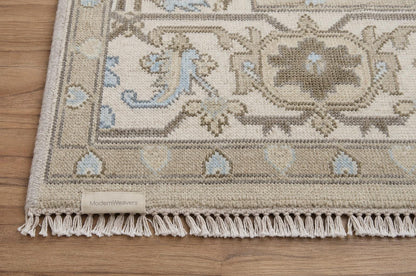 Elegant 9x12 Traditional Area Rug | Artisan Hand-Knotted Floor Covering | Neutral Palette with Blue Accents
