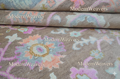 Handmade Transitional Oushak Rug | Earthy Brown with Pastel Palmettes | Luxury Hand-Knotted Wool Carpet
