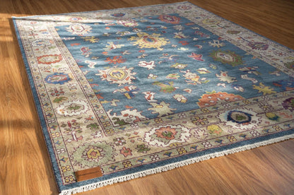Blue Hand Knotted Rug 8x10, Transitional Turkish Style Area Rug with Pastel Motifs, Pastel Blue and Cream Aesthetic Bedroom Rug