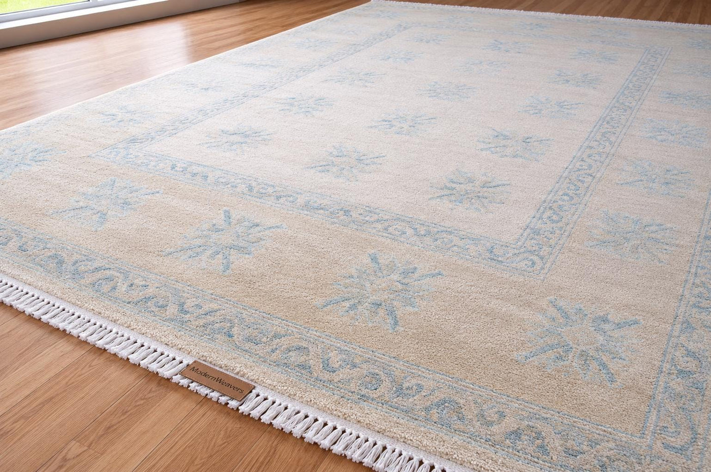 8x10 Hand-Knotted Transitional Area Rug | Ivory & Soft Blue Geometric Floral Motif