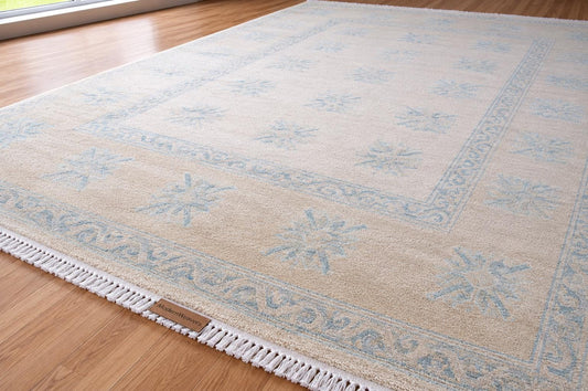 8x10 Hand-Knotted Transitional Area Rug | Ivory & Soft Blue Geometric Floral Motif