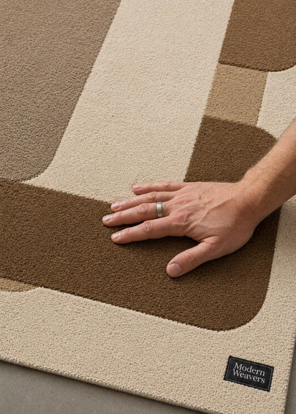 Mid Century Modern Area Rug | Geometric Hand Tufted Rug | Abstract Earth Tone Carpet | Brown and Beige Color Block Retro Room Decor