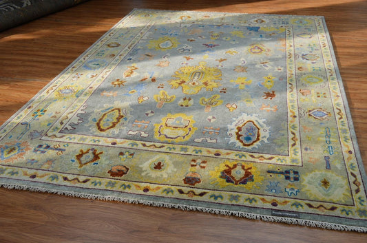 Hand Knotted Oushak Rug | Light Blue & Yellow Floral Geometric Area Rug | Muted Pastel Traditional Wool Carpet for Living Room, Bedroom