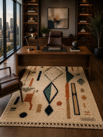 Abstract Geometric Moroccan Rug | Hand-Knotted Wool Shag Carpet | Bohemian Tribal Home Decor