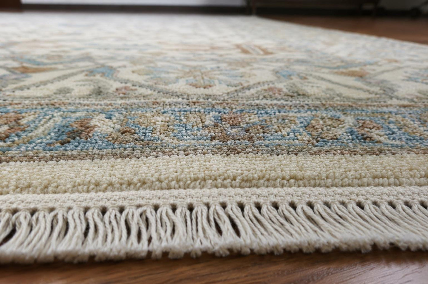 Hand-Knotted Oushak Area Rug | Cream, Light Blue, and Taupe Geometric Pattern | ModernWeavers Wool Carpet for Living Room or Bedroom