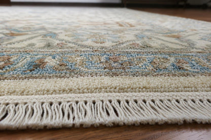 Hand-Knotted Oushak Area Rug | Cream, Light Blue, and Taupe Geometric Pattern | ModernWeavers Wool Carpet for Living Room or Bedroom