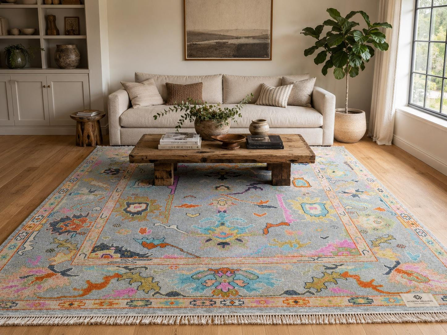 Stunning Light Blue & Vibrant Multicolor Hand-Knotted Rug | Boho Chic Geometric Floral Area Rug | Transitional Modern Oushak Style Carpet