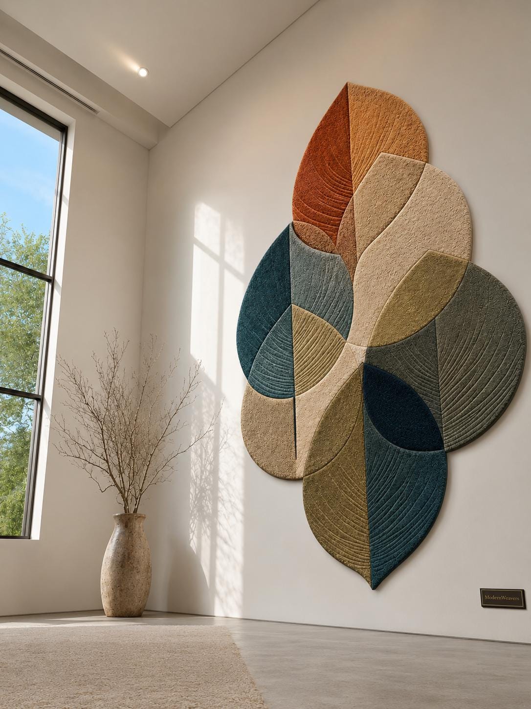 Botanical Leaf Cluster Hand Tufted Rug | Earth Tone Boho Area Rug | Teal & Rust Irregular Shaped Carpet | 3D Textured Nature Room Decor