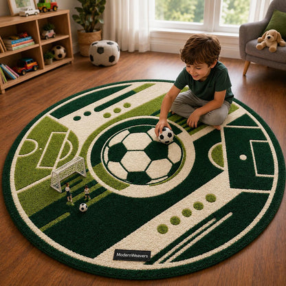 Round Soccer Ball Rug | 3D Carved Football Pitch Carpet, Kids Sports Room Decor